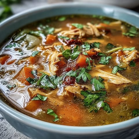 Ein goldener, wärmender Hühnersuppe mit Kurkuma und heilenden Gewürzen, perfekt für das Immunsystem und zur Linderung von Entzündungen.  