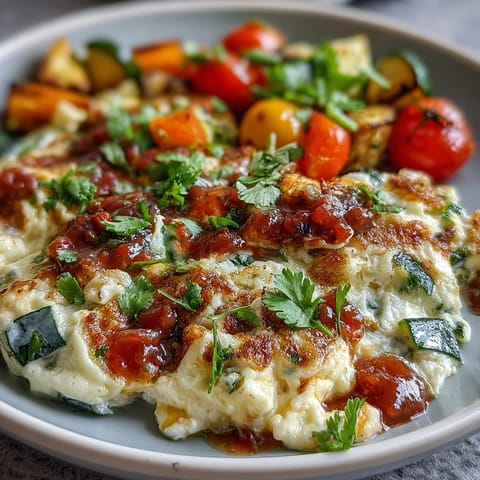 Fluffige Eiweiß-Gemüsepfanne mit Salsa, gefüllt mit buntem Gemüse und frischer Salsa für ein proteinreiches, leichtes Frühstück.