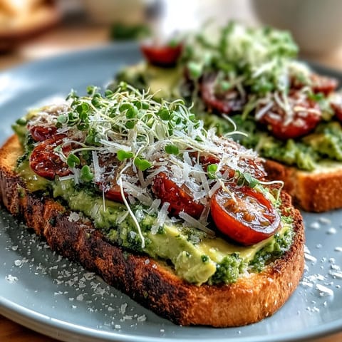 2. Cremiger Avocado-Pesto-Toast mit halbierten Cherry-Tomaten und frischen Microgreens auf knusprigem Sauerteig.