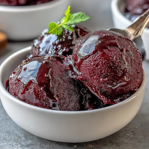 2. Verlockendes schwarzes Johannisbeer-Gin-Sorbet mit saftiger Textur, erfrischendem Zitronenabrieb und einem Hauch von botanischem Gin.  
