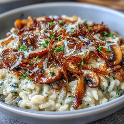 2. Italienisches Risotto mit süßen karamellisierten Zwiebeln, erdigen Pilzen und einer reichen, buttrigen Konsistenz.  