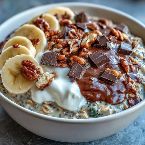 Schüssel mit über Nacht eingeweichten Haferflocken, belegt mit Bananenscheiben und dunklen Schokostückchen.