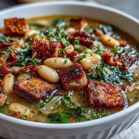 2. Dampfender italienischer Eintopf mit zartem Schinken, cremigen Bohnen und aromatischem Gemüse in würziger Brühe, perfekt für kalte Tage.  