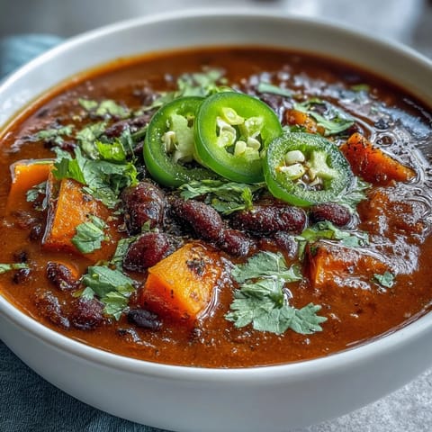 1. Eine dampfende Schüssel Smoky Black Bean and Sweet Potato Soup mit einer Klecks Lime Crema, garniert mit frischem Koriander und Limettenspalten.  