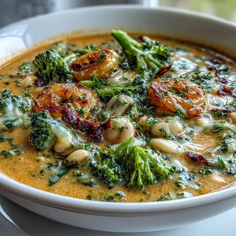 2. Reichhaltige und samtige Brokkoli-Cheddar-Bohnensuppe mit Cannellini-Bohnen und aromatischem Gemüse.