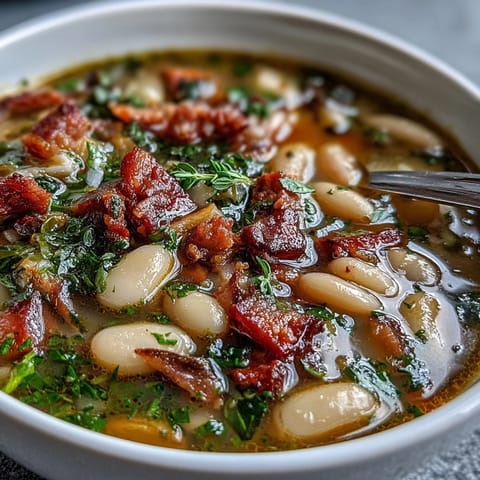 Ham and Cannellini Bean Soup mit frischen Kräutern in einer rustikalen Schüssel, dampfend und mit Petersilie garniert.