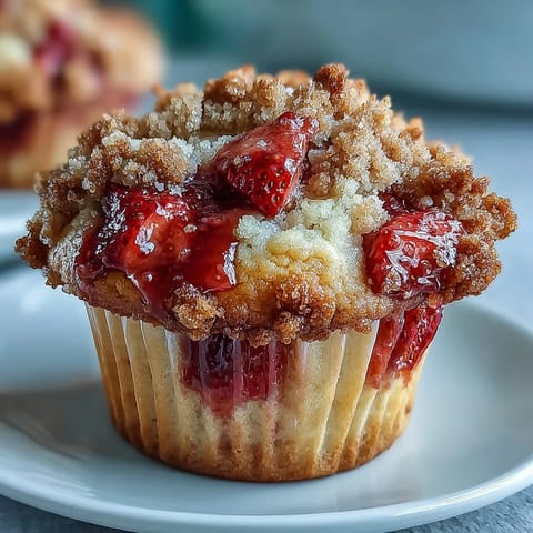 1. Köstliche Erdbeermuffins mit knuspriger Streuselhaube und frischer Zitronenschale, perfekt für ein süßes Frühstück oder einen Snack.  
