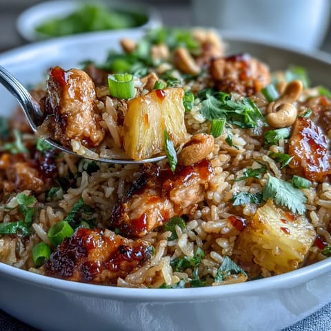 Süß-scharfes Hühnchen-Ananas-Fried-Rice mit farbenfrohem Gemüse und knusprigen Nüssen. Perfekt für ein schnelles Abendessen oder festliche Anlässe.  