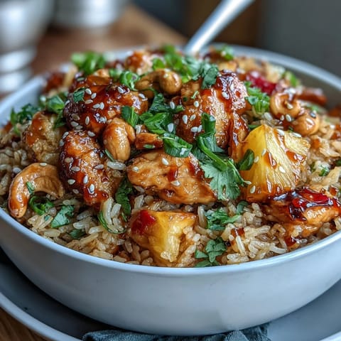 Jasminreis mit zartem Hühnchen, frischer Ananas und knackigem Gemüse, alles in süßer Chilisauce geschwenkt. Ein aromatisches Wok-Gericht für jeden Tag.  