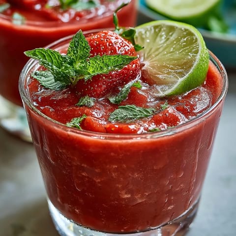 Lebendiger Erdbeer-Wassermelonen-Daiquiri-Mocktail mit frischer Minze, perfekt für heiße Sommertage.