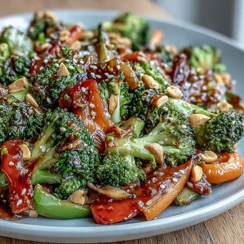 Lebhafte, gesunde Gemüsepfanne mit bunter Mischung aus knackigem Gemüse und cremiger Erdnusssoße.  