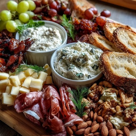 Festliches Hauswarming-Charcuterie-Brett mit hausgemachten Dips und frischem Obst.  