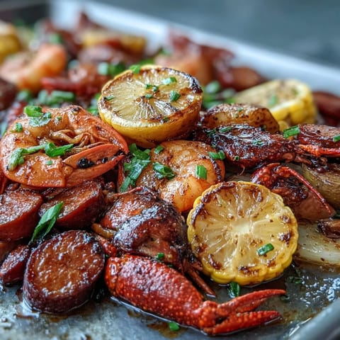 Ein leuchtendes Blech mit saftigen Krebsen, knuspriger Wurst und geröstetem Gemüse, gewürzt mit Cajun-Gewürz.