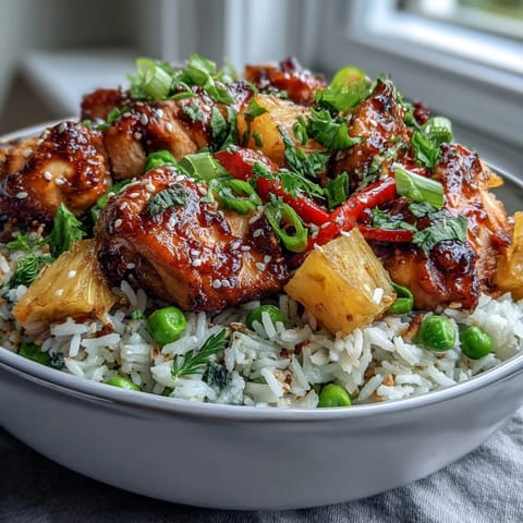 1. Eine leuchtende Schüssel mit Ananas-Teriyaki-Hähnchen, zart glasiert und mit frischer Ananas und knackigem Gemüse belegt.