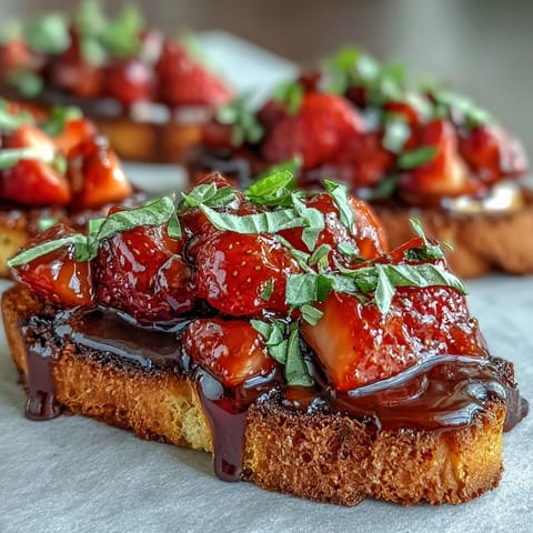 1. Frische Erdbeeren und cremiger Ziegenkäse auf knusprigem Brot mit Balsamico-Glasur – ein farbenfroher Sommer-Bruschetta.