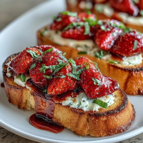 2. Süße Erdbeeren mit Basilikum, Honig und Balsamico auf geröstetem Baguette – ein aromatischer, vegetarischer Snack.