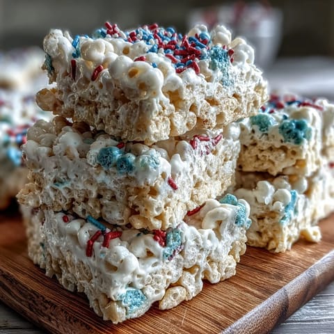 Festliche, rote, weiße und blaue Rice Krispies Treats, perfekt für den 4. Juli.