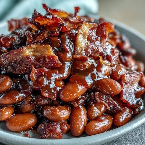 1. Schüssel mit Summer BBQ Baked Beans mit braunem Zucker und knusprigem Speck, perfekt für jeden Sommer-Grillabend.  