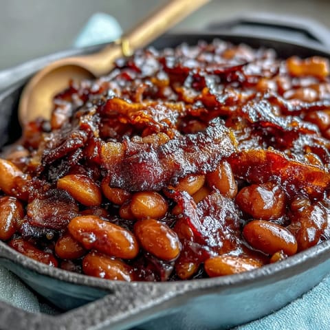2. Dampfende Schüssel mit herzhaften Navy-Bohnen in süß-rauchiger Sauce, garniert mit knusprigem Speck.  