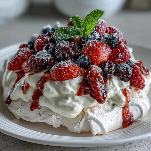 2. Zarter Meringue-Boden mit goldener Kruste, großzügig belegt mit geschlagener Sahne und einem Mix aus frischen Beeren.