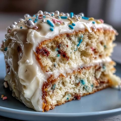 Festlicher Class of 2026 Konfettikuchen mit Champagner-Frosting, gesäumt mit bunten Streuseln.