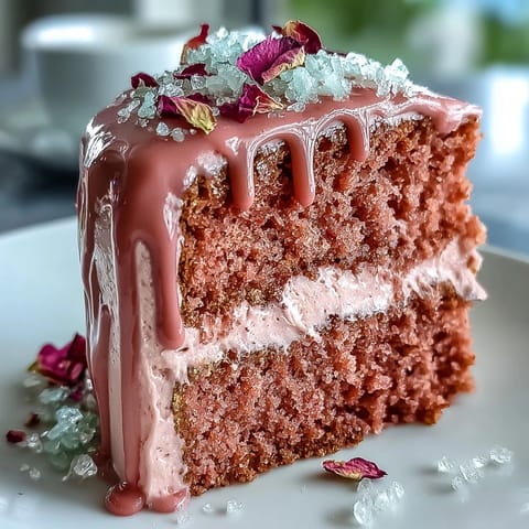 Elegantes Rosé Velvet Cake mit goldener Glasur, perfekt für Hochzeiten.