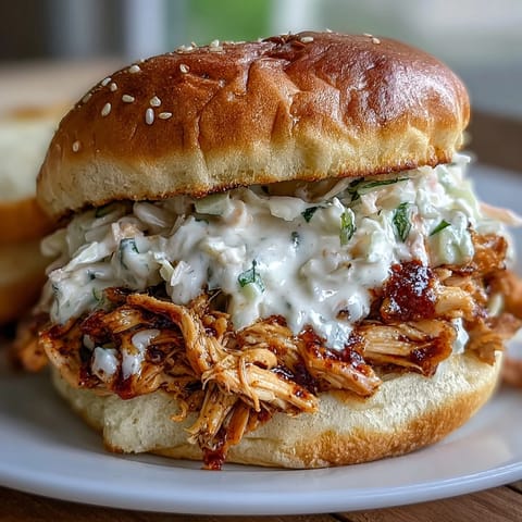 Zarte, zerzupfte Hähnchenstücke auf weichen Brötchen, übergossen mit würziger weißer BBQ-Sauce.