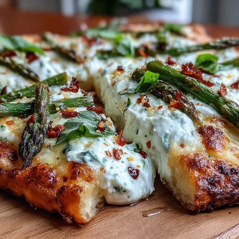 Geröstetes Spargel-Fladenbrot mit cremiger Burrata und Zitrone, perfekt serviert.