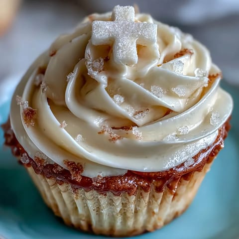 Fein gebackene Communion Cupcakes, üppig mit Buttercreme und strahlenden Fondantkreuzen dekoriert.