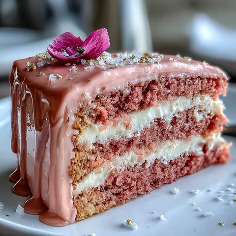 Hochzeitstorte Rosé Velvet Cake mit glänzendem Goldtropf-Dekor und Frosting.
