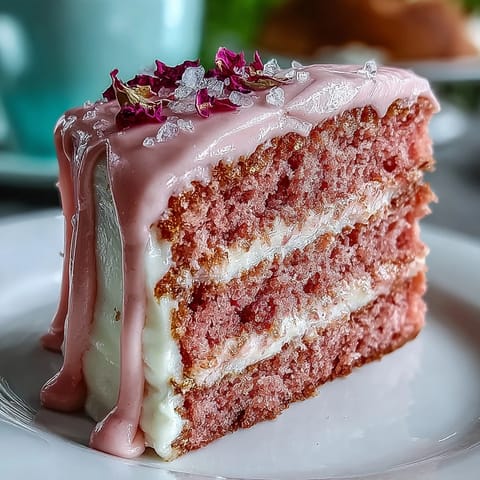 Luxuriöser rosafarbener Rosé-Samtkuchen mit glänzendem Goldschleier serviert.