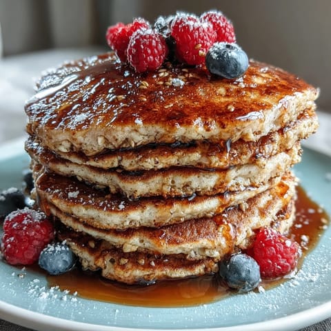 Goldbraune High Fiber Protein Pancakes mit Leinsamen, servierfertig für ein nahrhaftes Frühstück.