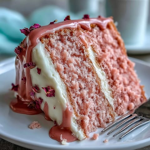 Elegant pink Rosé Velvet Cake, festlich geschmückt mit cremigen Frosting und Gold-Drip.
