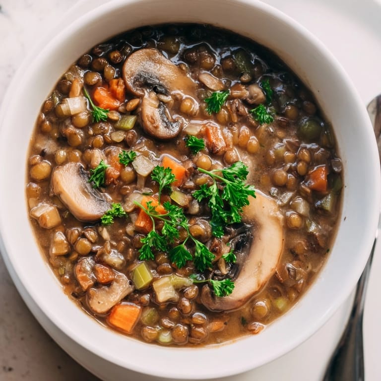 Nahaufnahme eines Linsen- und Pilz-Eintopfs, der die erdigen Pilze und zarten Linsen hervorhebt.