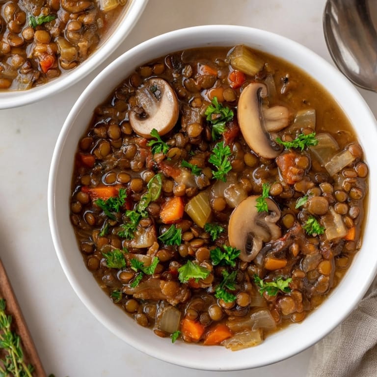 Hausgemachter Linsen-Pilz-Eintopf: Ein wohltuendes, sättigendes veganes Gericht mit Gemüsebrühe.