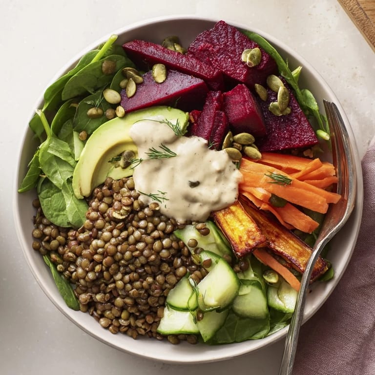 Bunter Lentil- und Rote-Bete-Power-Bowl mit frischen Gemüsen und tahinibasiertem Dressing.