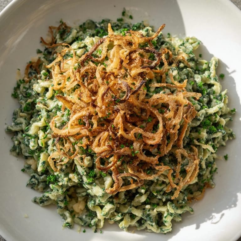Sahnige Spinats und Käse-Spätzle mit knusprigen Zwiebeln, ideal für ein gemütliches Familienessen.