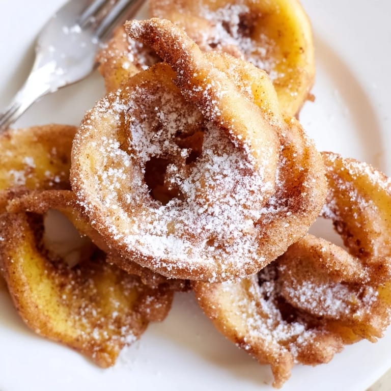 Würzige, goldbraune Apfelringe in zarter Teighülle für ein klassisches Dessert.