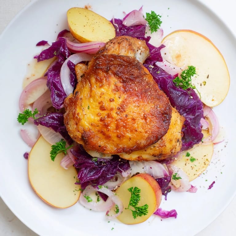 Steaming Budget Oktoberfest Chicken and Red Cabbage Bake, showcasing a comforting German-inspired main course.