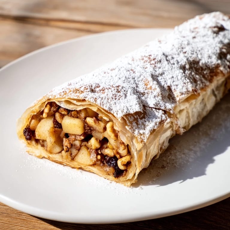 Warm, freshly baked apple strudel rolls dusted with powdered sugar, ready to be enjoyed.