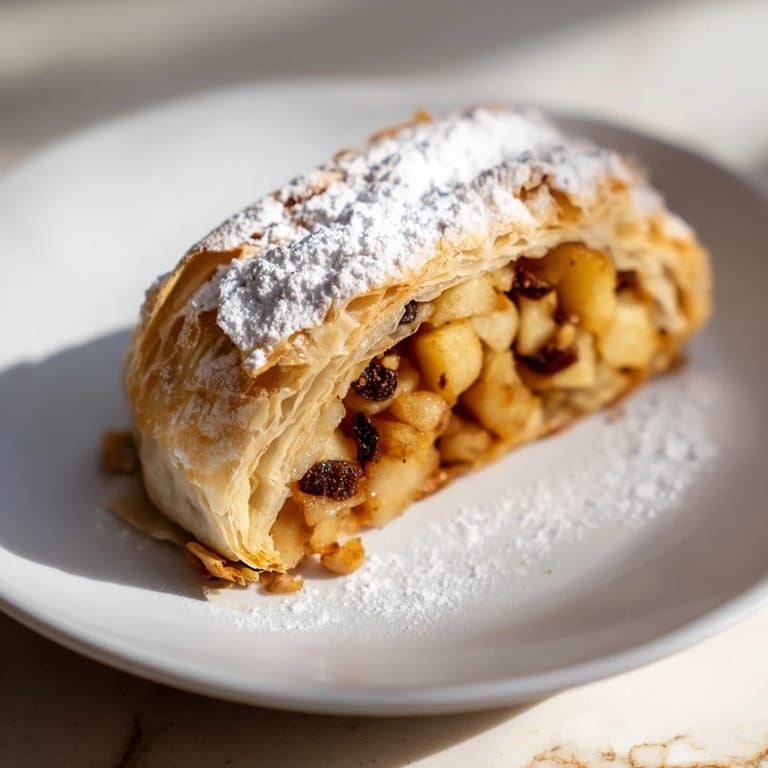 Close-up of baked apple strudel rolls, showcasing the spiced apple filling bursting from the pastry.