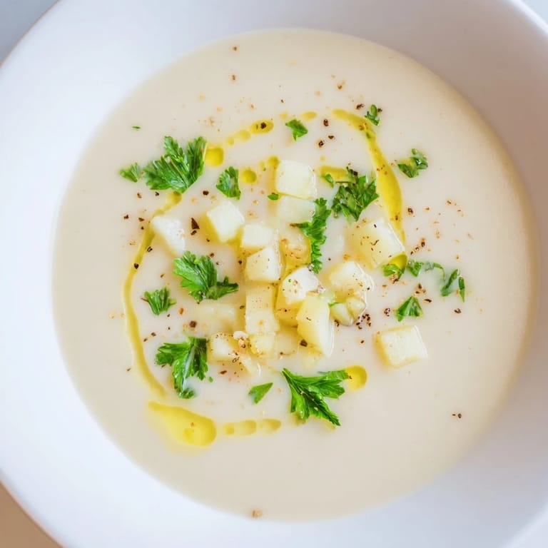 This picture shows a velvety smooth Creamy Garlic Potato Soup, ready to be served hot with fresh, vibrant herbs.