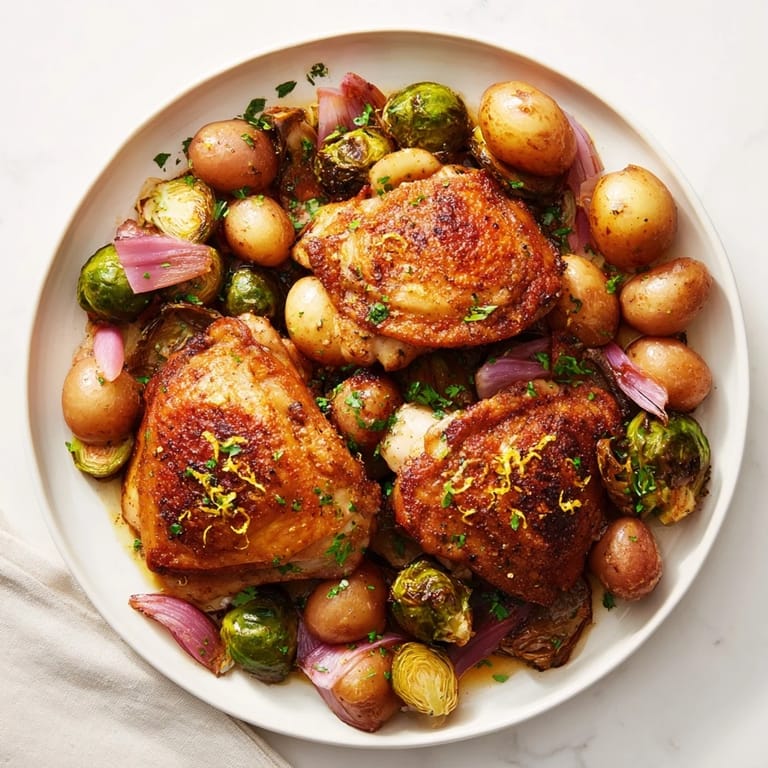 Flavorful one-pan chicken recipe, with roasted vegetables and crispy potatoes, perfect for dinner.