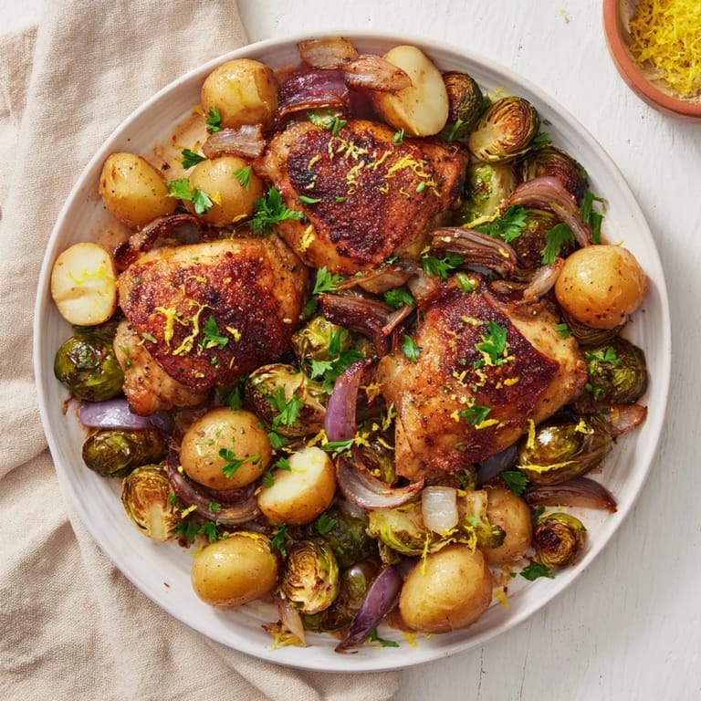 Close-up of a rustic one-pan chicken with potatoes and Brussels sprouts, fragrant herbs visible.