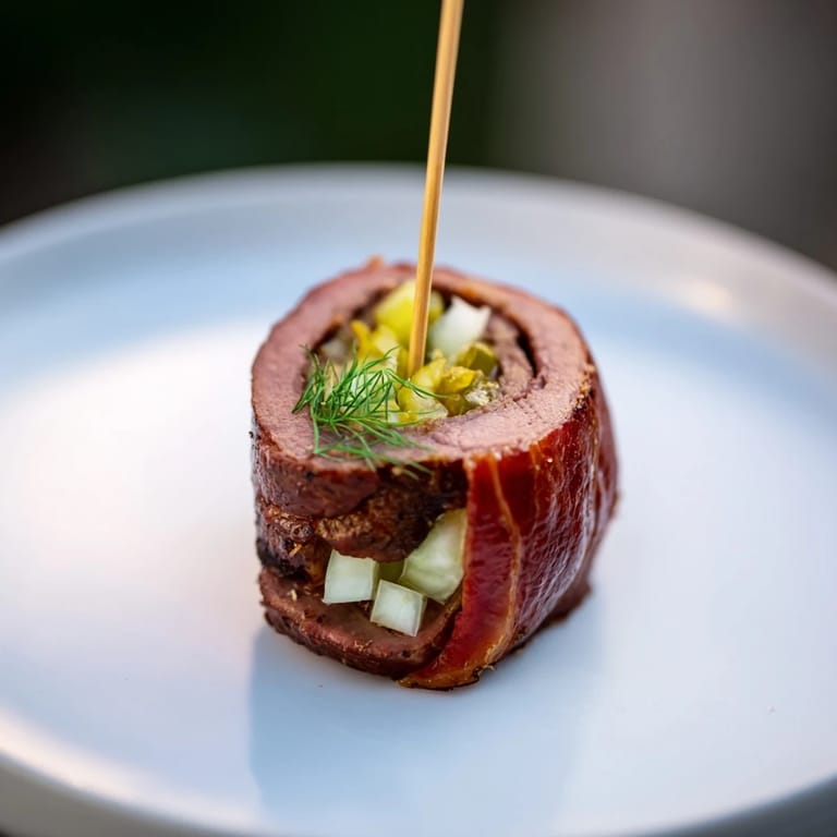 Close-up of perfectly browned mini Rouladen, showcasing the savory beef and pickle filling.