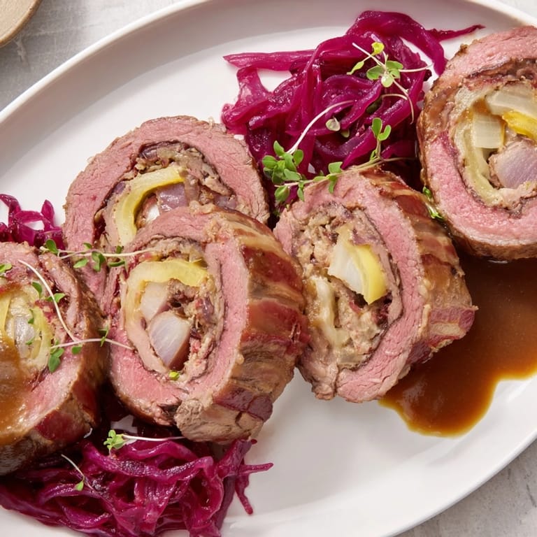 Sauerbraten Roulades' cross-section showing flavorful filling, ready for a modern German dinner.