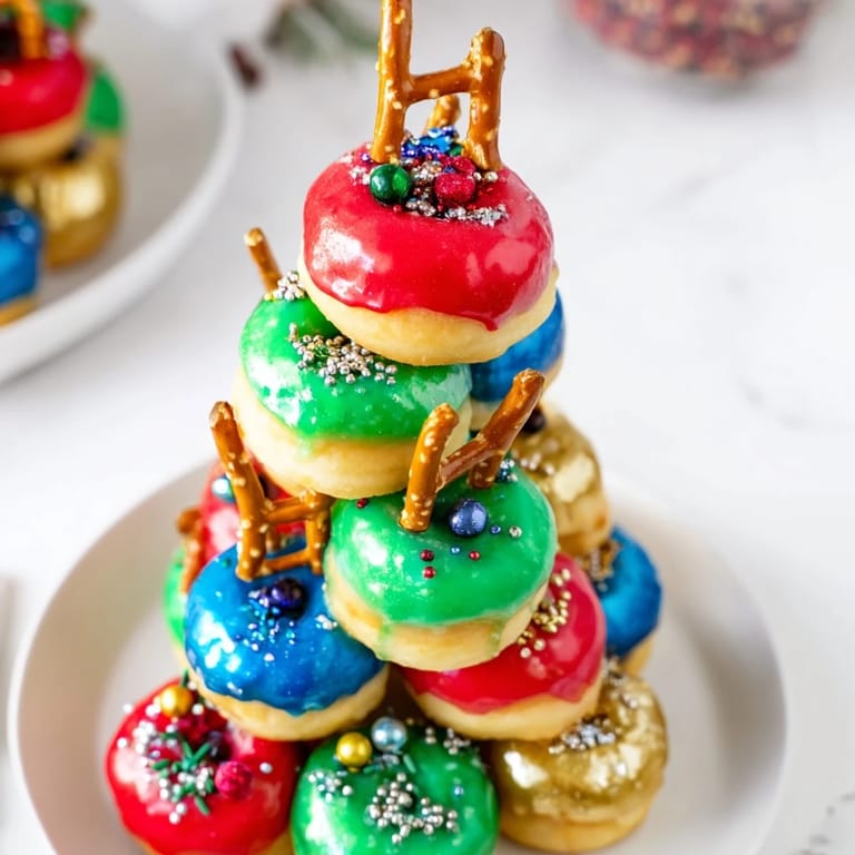 Mini donuts transformed into a vibrant donut stack Christmas ornament tower ready for the holidays.