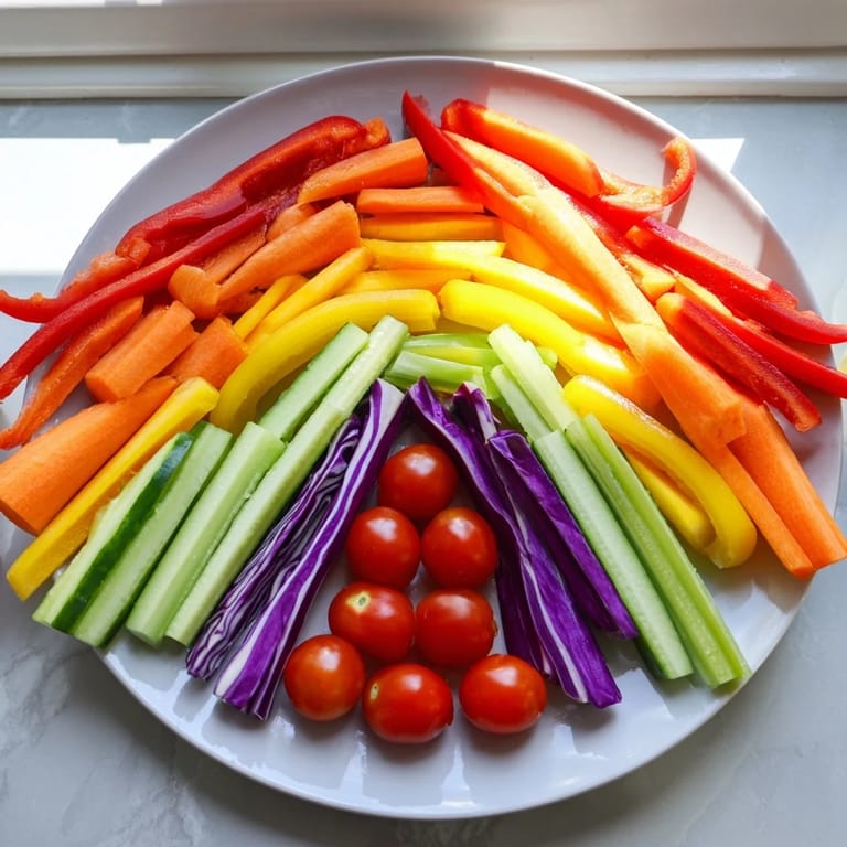 Crisp and colorful Rainbow Arch Bright Veggie Sticks, beautifully arranged, offering a delicious, visual treat.