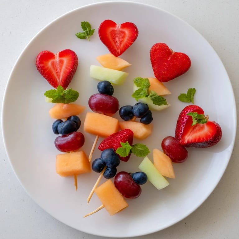 Close-up of Berry Good Heart Fruit Skewers with fresh berries and melon hearts, ready to eat.