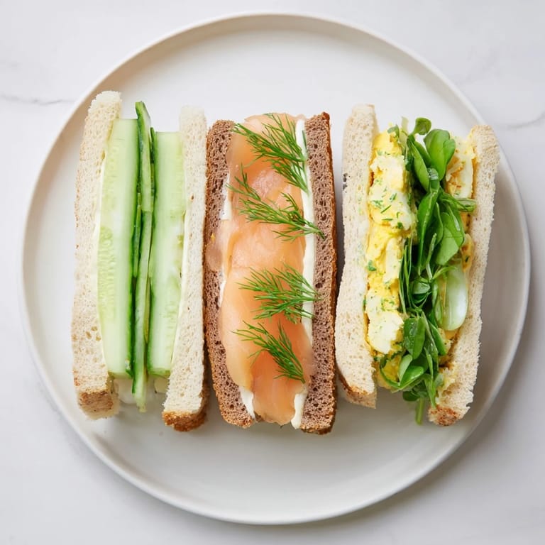 Tiny, savory Castle Feast Royal Tea Party Sandwiches, with smoked salmon and cucumber fillings, tempting guests.